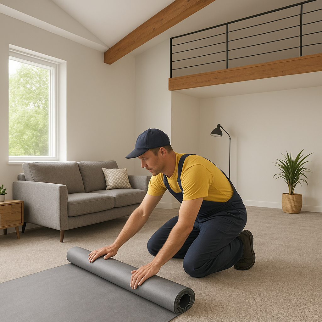Profissional instalando piso vinílico em manta em mezanino moderno com sofá cinza e vigas de madeira.