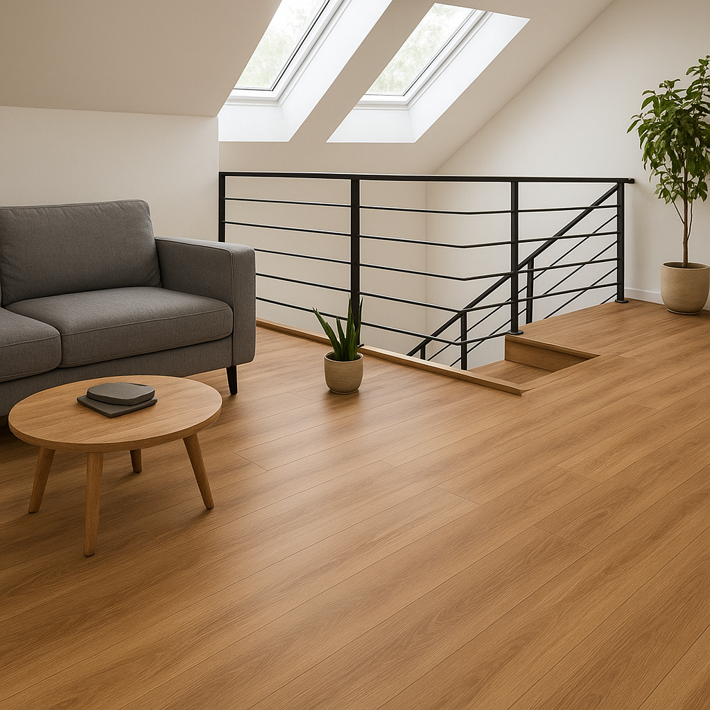 Mezanino com piso laminado melamínico amadeirado, sofá cinza e decoração minimalista sob luz natural.