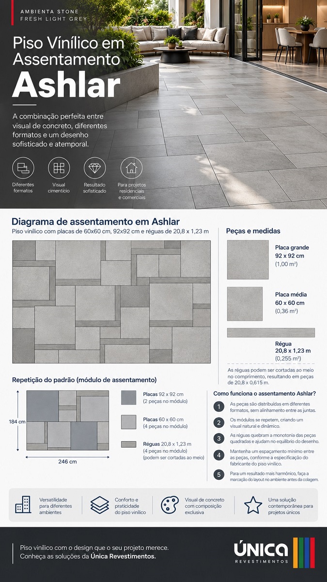 Infográfico de piso vinílico em assentamento Ashlar com placas de 92 x 92 cm, 60 x 60 cm e réguas de 20,8 x 123 cm.