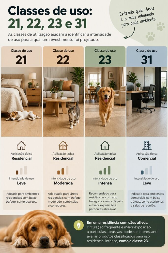 Infográfico das classes de uso do piso vinílico 21, 22, 23 e 31, com aplicações residenciais e comerciais e indicação para ambientes com pets.