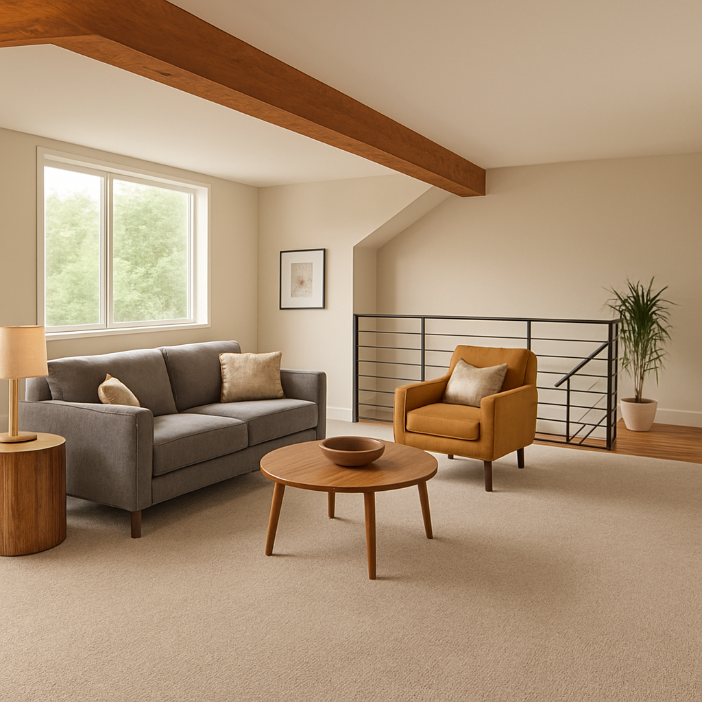 Mezanino com carpete bege, sofá cinza, poltrona mostarda e decoração moderna sob luz natural.