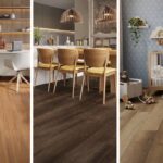 Ambientes corporativos e residenciais com pisos vinílicos de alta tecnologia, acabamento amadeirado e design autoral aplicados em escritório, área gourmet e quarto infantil