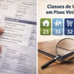 Ficha técnica de piso vinílico destacando classes de uso como 23, 31, 32 e 33, com ilustração das camadas do piso para especificação profissional