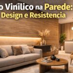 Parede revestida com painel vinílico amadeirado em recepção corporativa com iluminação indireta e design contemporâneo