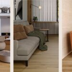 Pisos vinílicos Elianefloor aplicados em sala, escada moderna e ambiente com poltronas, destacando diferentes coleções em madeira