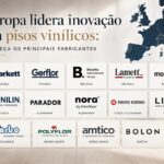Painel elegante com os principais fabricantes europeus de pisos vinílicos, incluindo Tarkett, Gerflor, Unilin, Polyflor e Amtico, em ambiente arquitetônico contemporâneo.