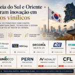 Infográfico sobre fabricantes coreanos e asiáticos de piso vinílico, com destaque para LX Hausys, NOX, Decoria, KCC, Hyundai L&C, Unideco, Novalis e CFL Flooring.