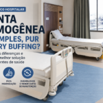 Quarto hospitalar moderno com piso vinílico em manta homogênea colorida e destaque para tecnologias PU simples, PUR e Dry Buffing.