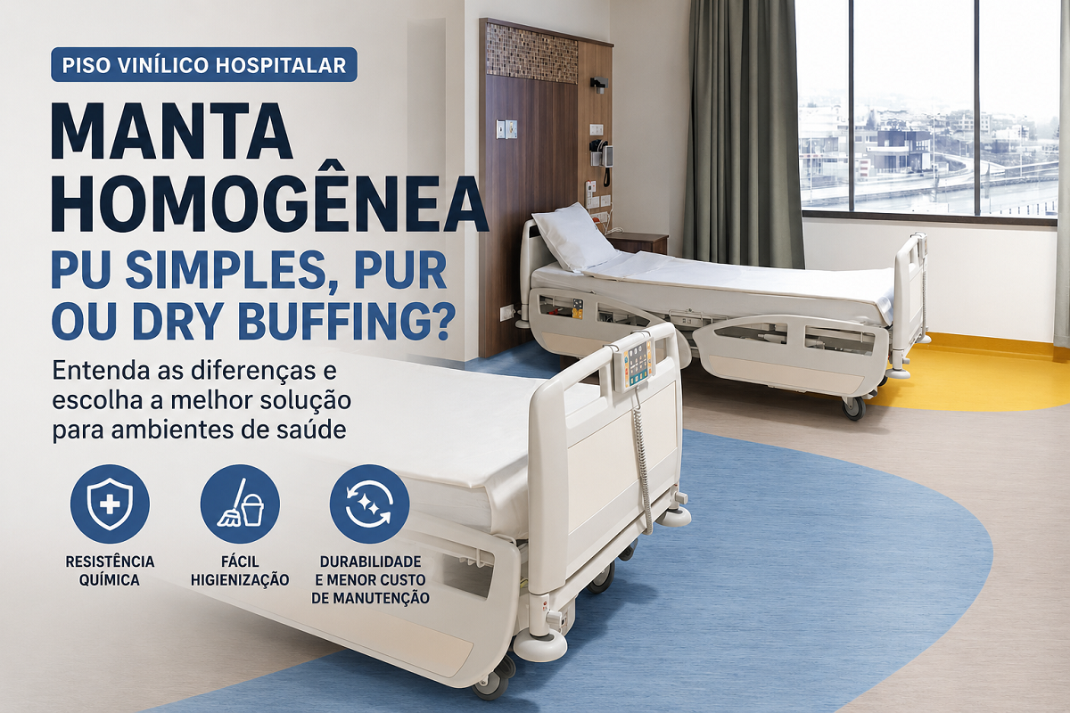 Piso vinílico hospitalar: manta homogênea PU simples, PUR ou Dry Buffing? Entenda as diferenças antes de especificar