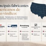 Infográfico com os principais fabricantes americanos de piso vinílico, incluindo Mohawk, Shaw Contract, Armstrong Flooring, Mannington Mills e Interface.