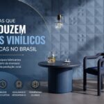 Imagem destaque sobre empresas que produzem pisos vinílicos em placas no Brasil, com ambiente moderno em tons de azul, revestimento geométrico e elementos de design de interiores.