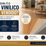 Sala moderna com piso vinílico amadeirado, leque de amostras em diferentes tonalidades e destaque para o guia sobre o piso vinílico mais vendido, incluindo as cores Papoula, Líchia e Gérbera.