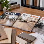 Revistas internacionais Floor Covering Weekly, Floor Focus e Floor Covering News sobre uma mesa com amostras de pisos vinílicos e laminados.