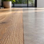 Comparação entre piso vinílico amadeirado com embossing em relevo e revestimento de aparência lisa, ilustrando diferentes texturas superficiais.