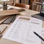 Amostras de pisos vinílicos, ficha técnica, planta arquitetônica e instrumentos de medição sobre uma bancada de especificação de revestimentos.