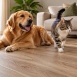Cachorro Golden Retriever e gato sobre piso vinílico amadeirado em sala moderna, ilustrando o conceito de piso vinílico pet safe.