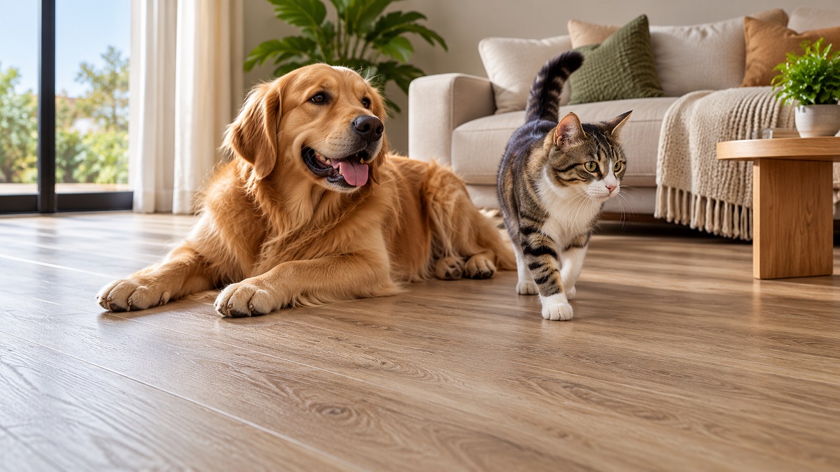 Cachorro Golden Retriever e gato sobre piso vinílico amadeirado em sala moderna, ilustrando o conceito de piso vinílico pet safe.